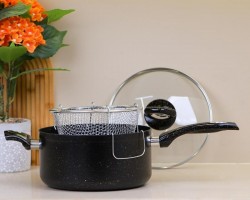 مقلى شيبس قلاية بطاطا جرانيت اسود 24سم 3 قطع مع مصفاة زيت